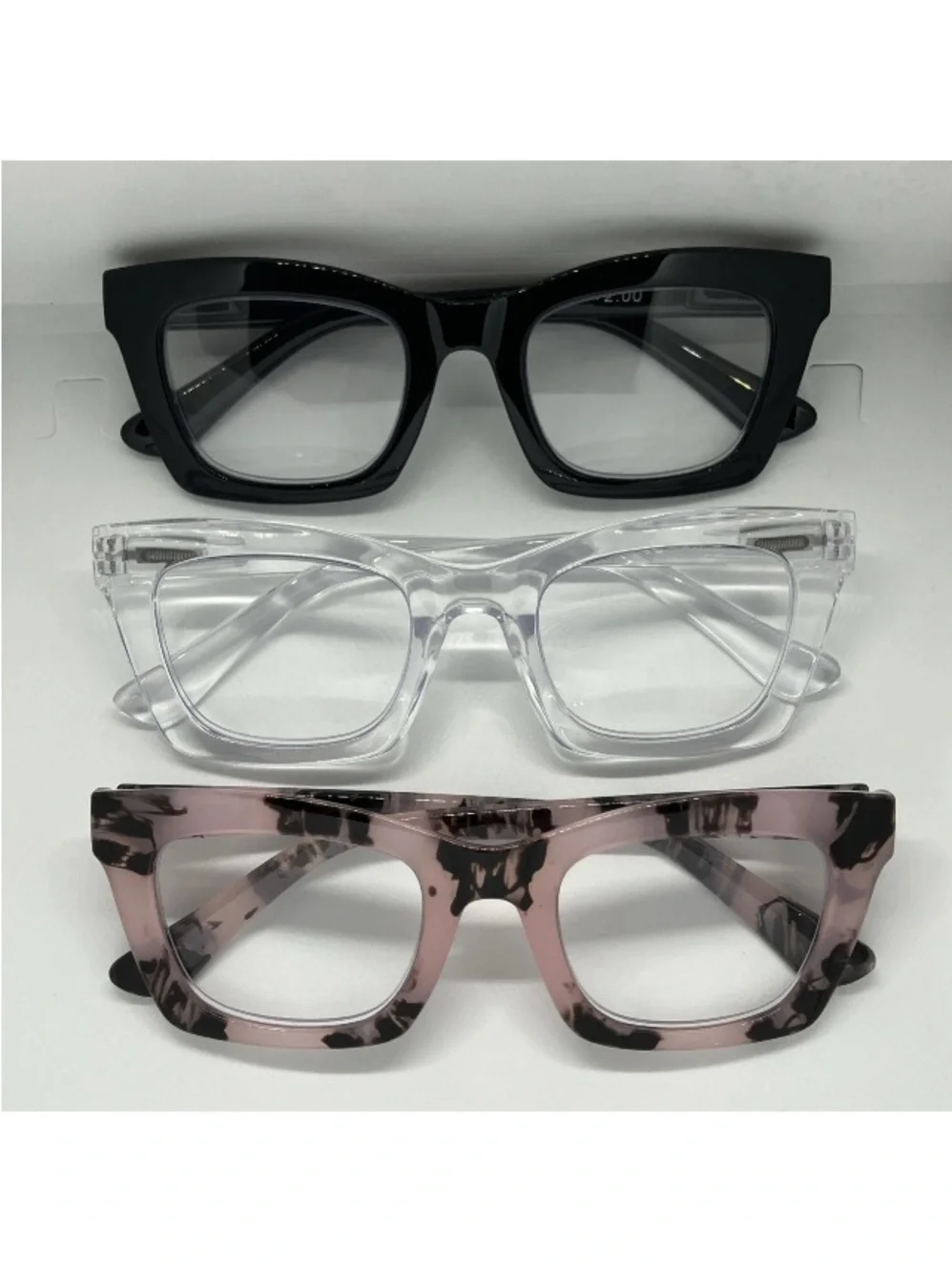 3 Pr. Oversized Pink, Clear Black 2.0 Women’s Reading Glasses Square Readers New